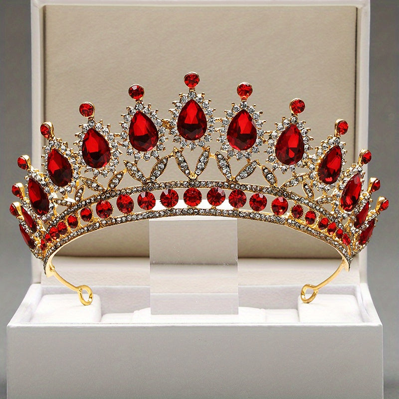 Red Crystal Alloy Queen's Crown Tiara Headband for Bridal Wedding Party