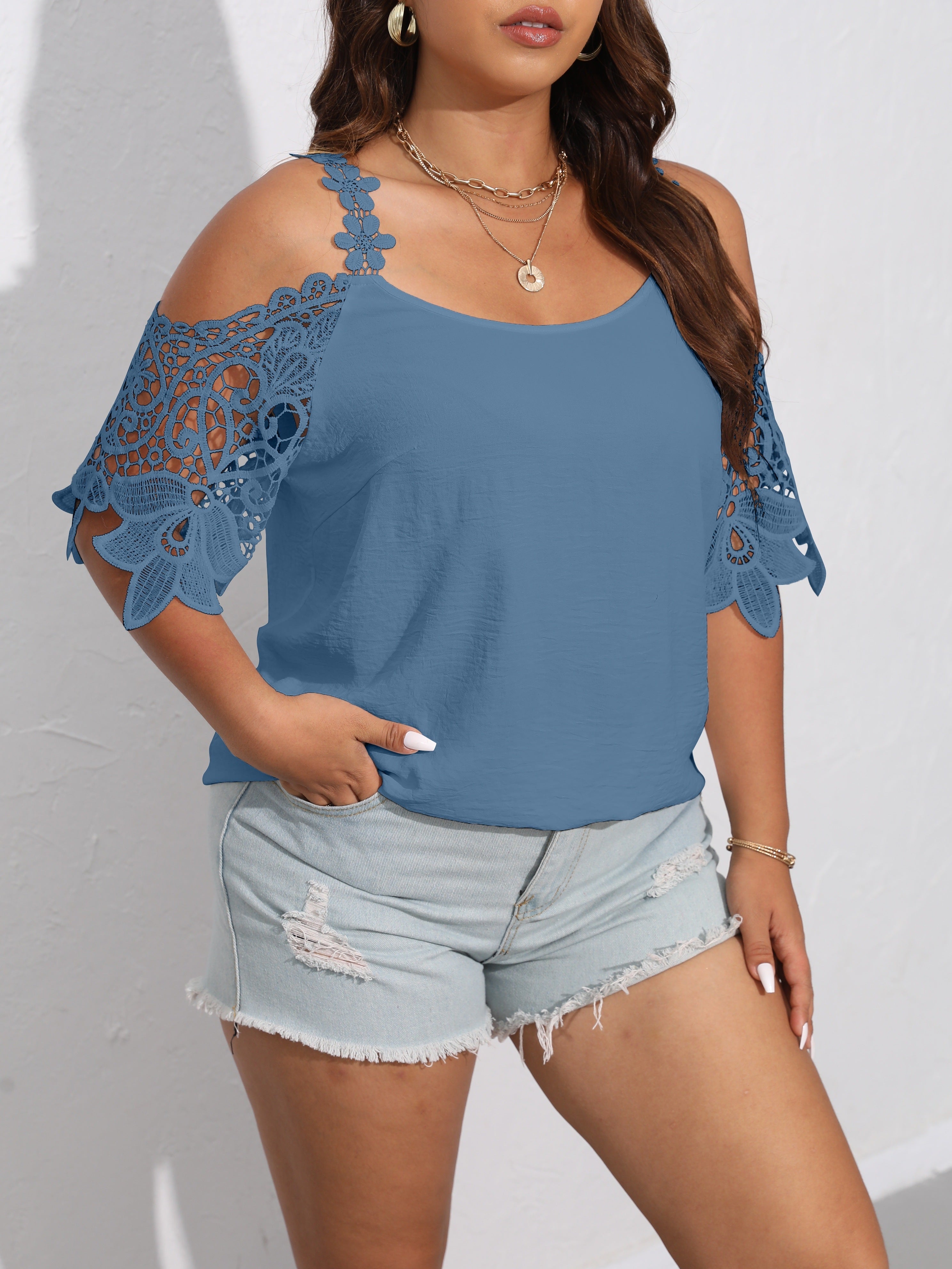 Блузка женская больших размеров с цветочным жаккардом и открытыми плечами, короткий рукав