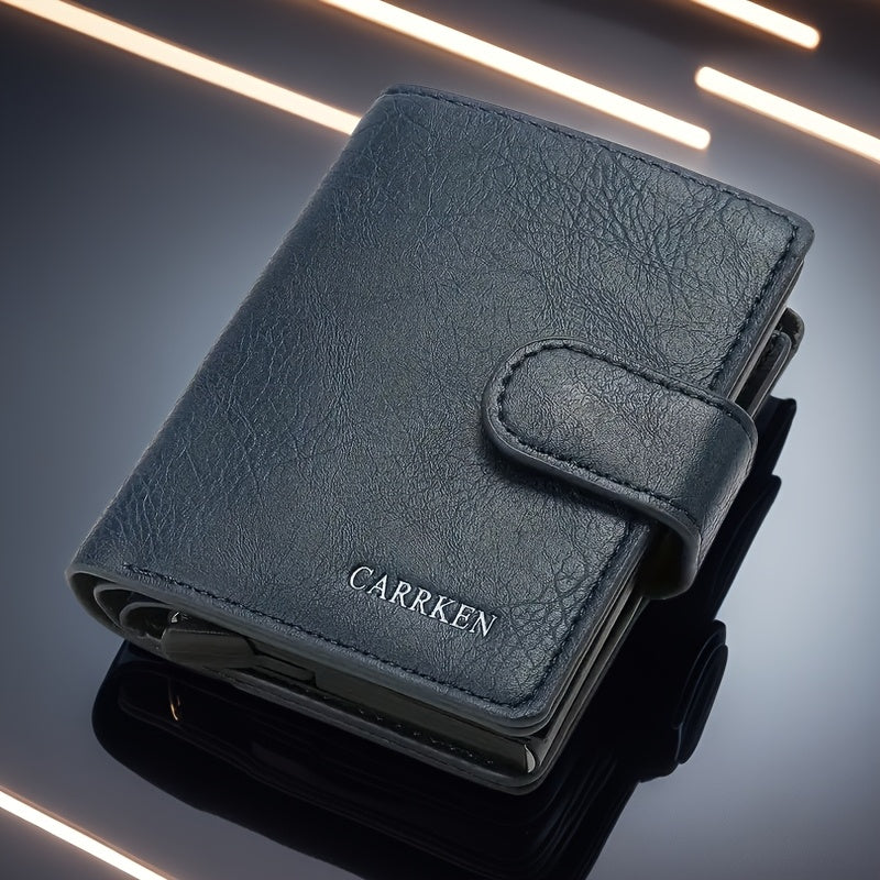 Billetera bifold de cuero sintético para hombres con tarjetero emergente automático, tarjetero delgado, regalo para hombres