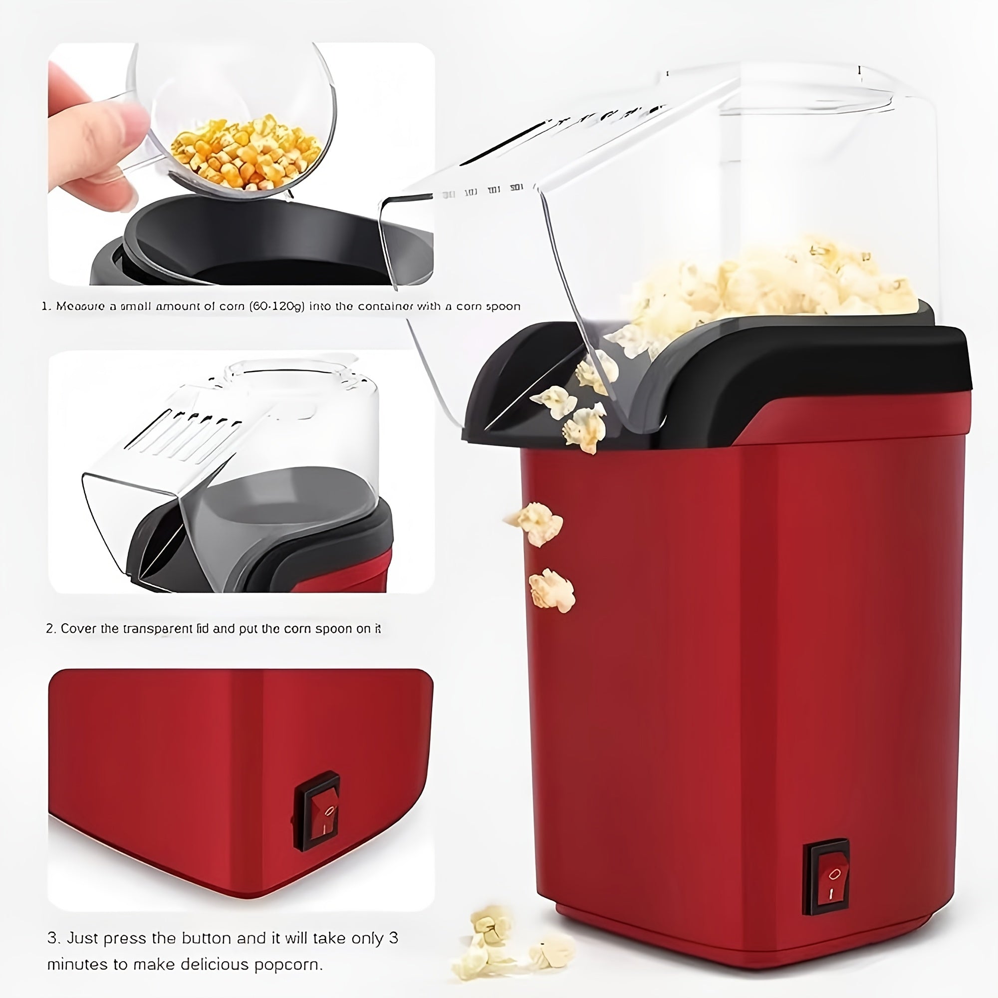 1200W Electric Popcorn Maker Oil-Less Red Black for Home Movie Nights Parties