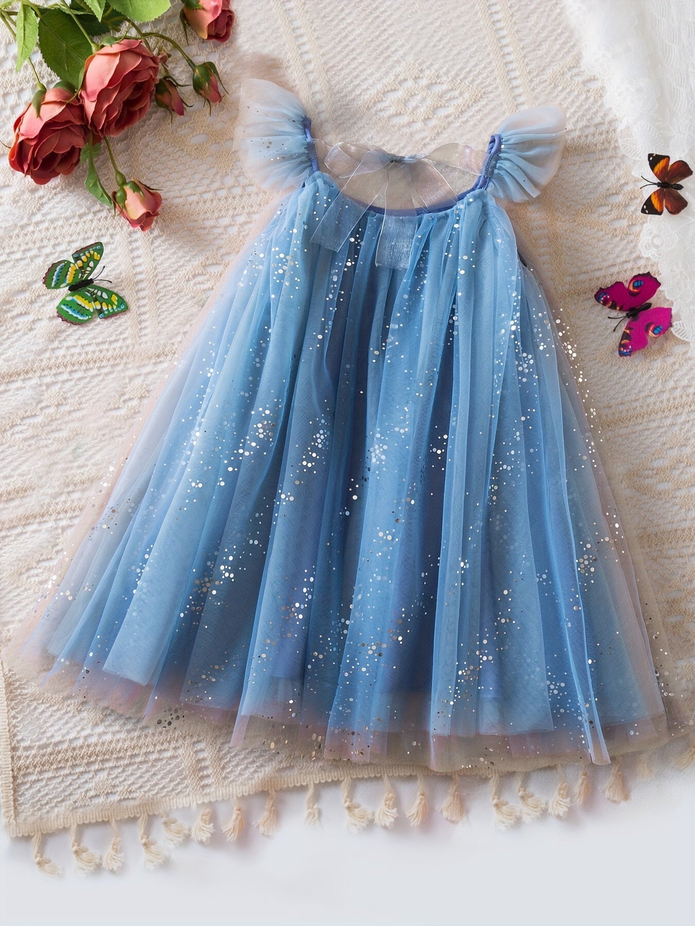 Girls' Summer Starry Sky Tulle Princess Dress with Ruffle Trim for Girls Over 3 Years