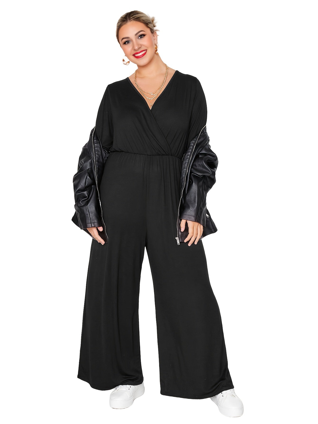 Plus Size Women's Jumpsuits V-Neck Elastic Waist Wide Legs Summer Spring