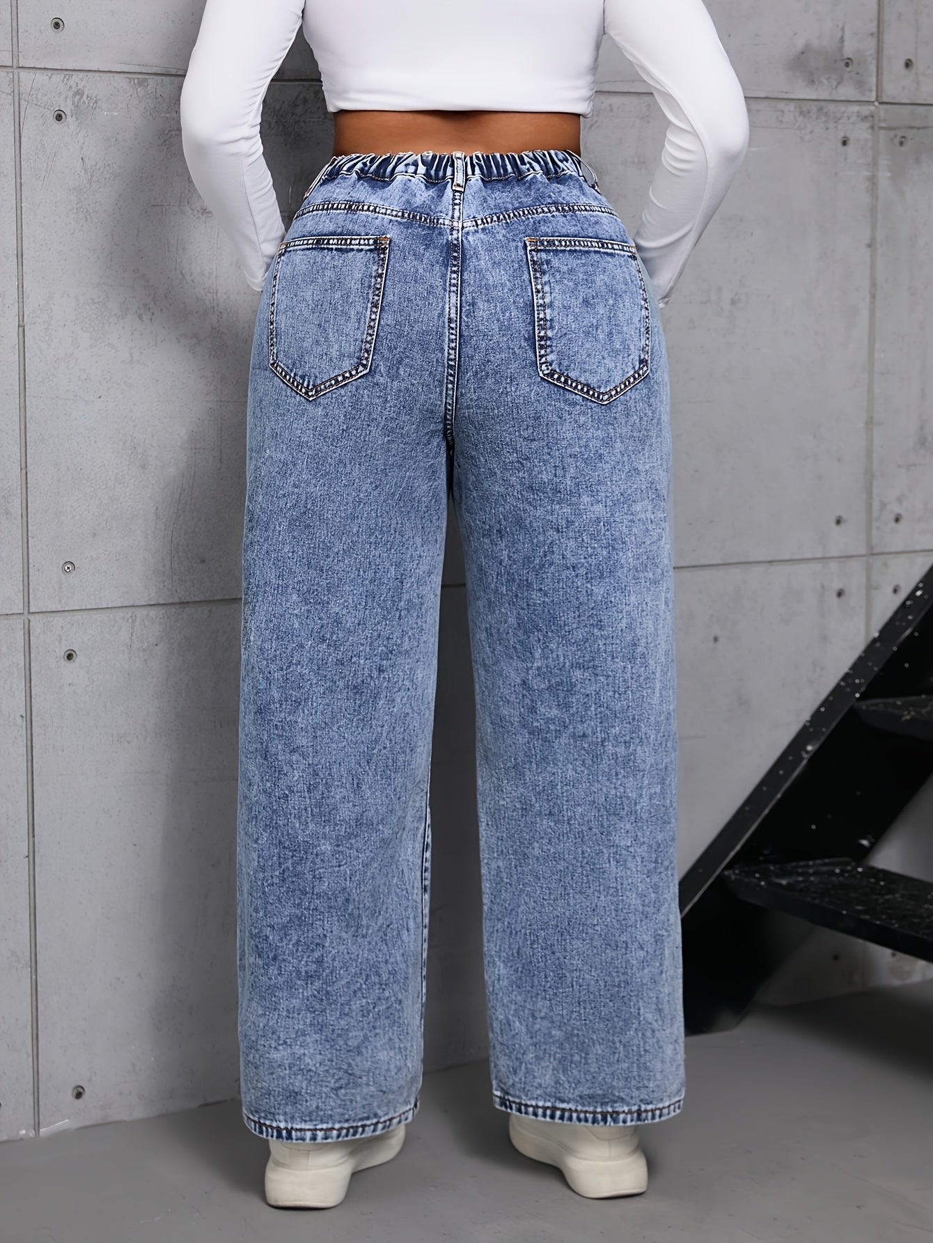Plus Size High Waist Straight Leg Jeans Casual Washed Denim Solid Color Wide Leg Pants