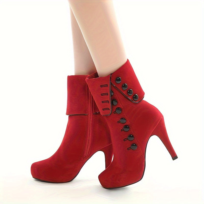 Women's Red High Heel Short Boots With Platform and Thin Sole