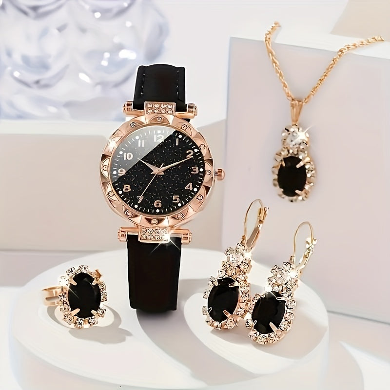 Women's Watch Set with Starry Sky Quartz Watch and Jewelry Oval Pendant