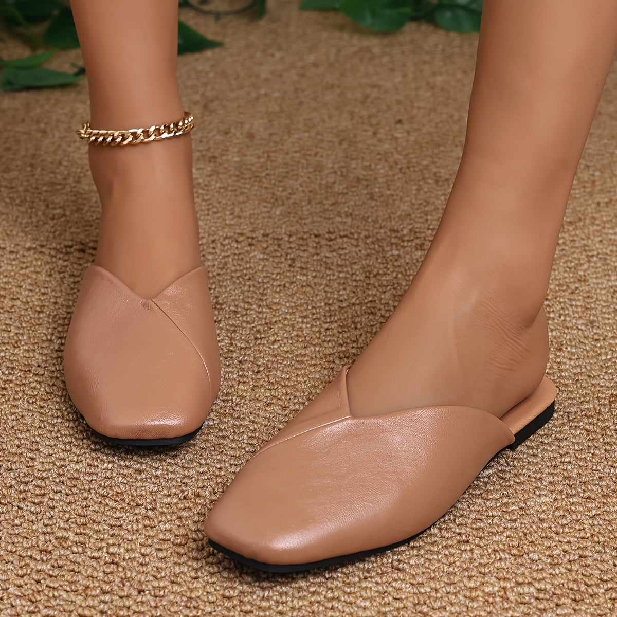 Women's Square Toe Mules Flat Shoes Faux Cover Solid Color Non-Slip Rubber Sole