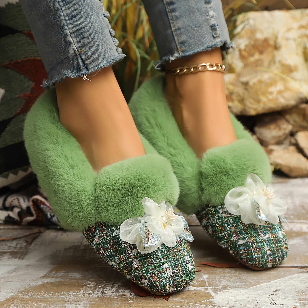 Women's Fleece-Lined Slip-On Flats with Bowknot Square Toe Indoor Outdoor Shoes