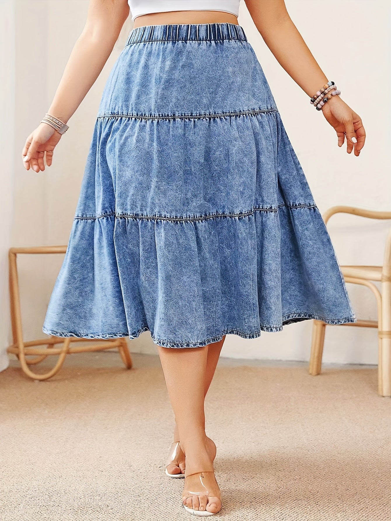 Women's Plus Size Denim Midi Skirt Tiered Ruffle A-line Blue Summer