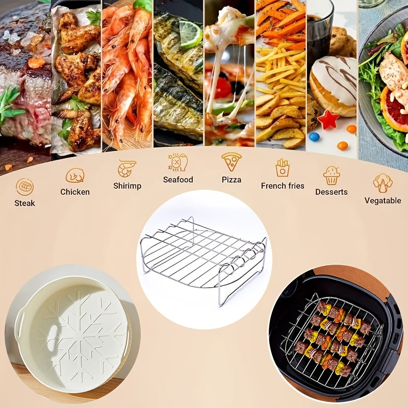 7 ta Stainless Steel Air Fryer Accessories to'plami, Grill Rack, 4 ta Skewer va 2 ta Silikon Pishirish Yostiqlari bilan. Oziq-ovqat uchun xavfsiz, Grill, Pishirish va Mikrotolqinli pechda pishirish uchun ideal. Muhim oshxona asboblari bilan to'liq.