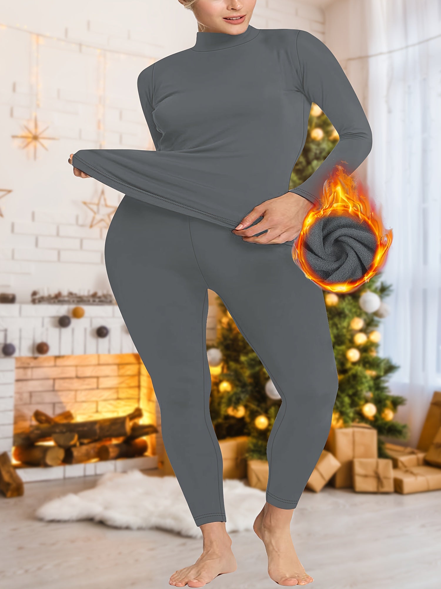 Plus Size Women's Thermal Sportswear Set Plush Lined High Stretch Long Sleeve Shirt and Pants