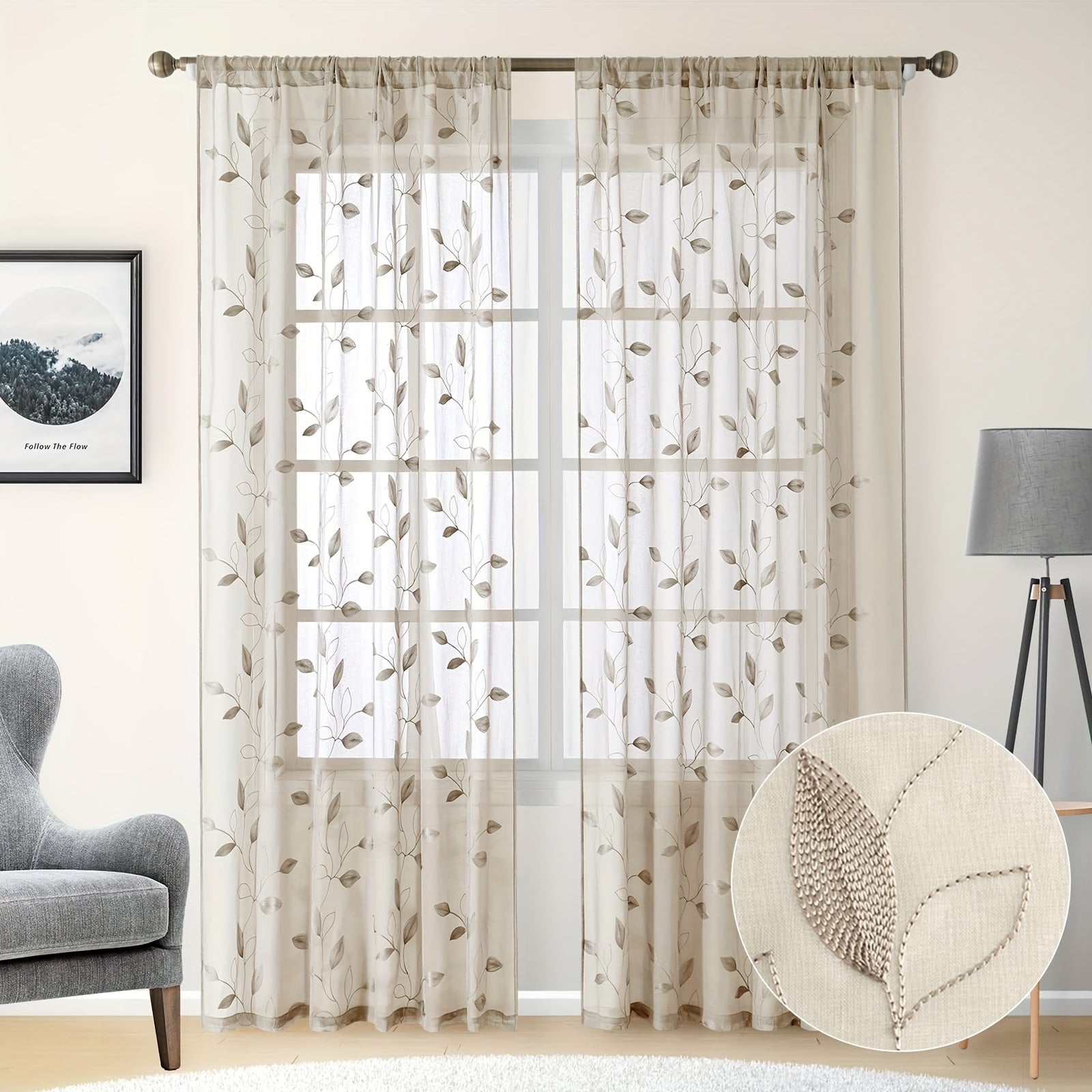 Two Pieces Sheer Curtains with Embroidered Leaf Pattern, Rod Pocket, Polyester, for Bedroom Living Room Kitchen