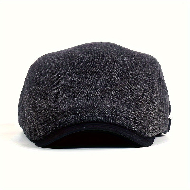 Katta o'lchamdagi Erkaklar Vintage Newsboy Kapa, Qalin Issiq Polyester Beret Materialidan Yasalgan, Tasodifiy Chiziqli Pichoq Dizayni, Herringbone To'qimasi bilan Sozlanadigan Tekis Kapa, Qo'l bilan yuvish oson.