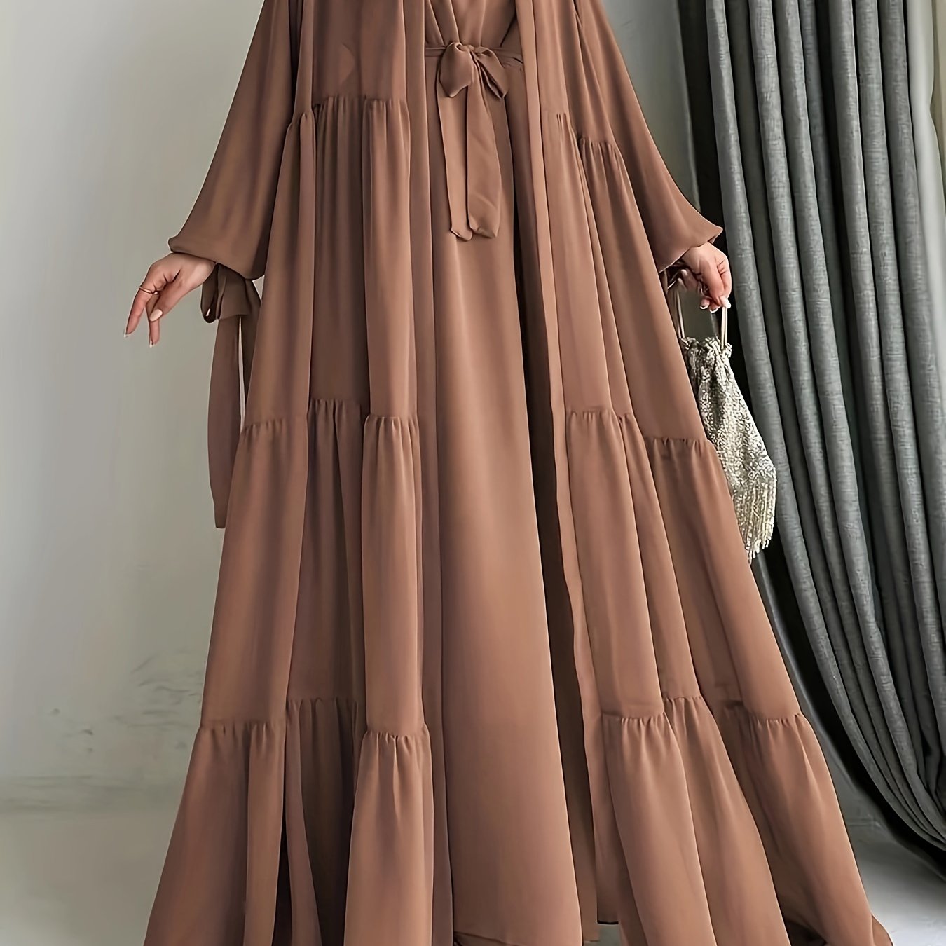 Middle Eastern Abaya Set with Chiffon Robe and Belt Long Sleeve Lantern Ruffle Hem Solid