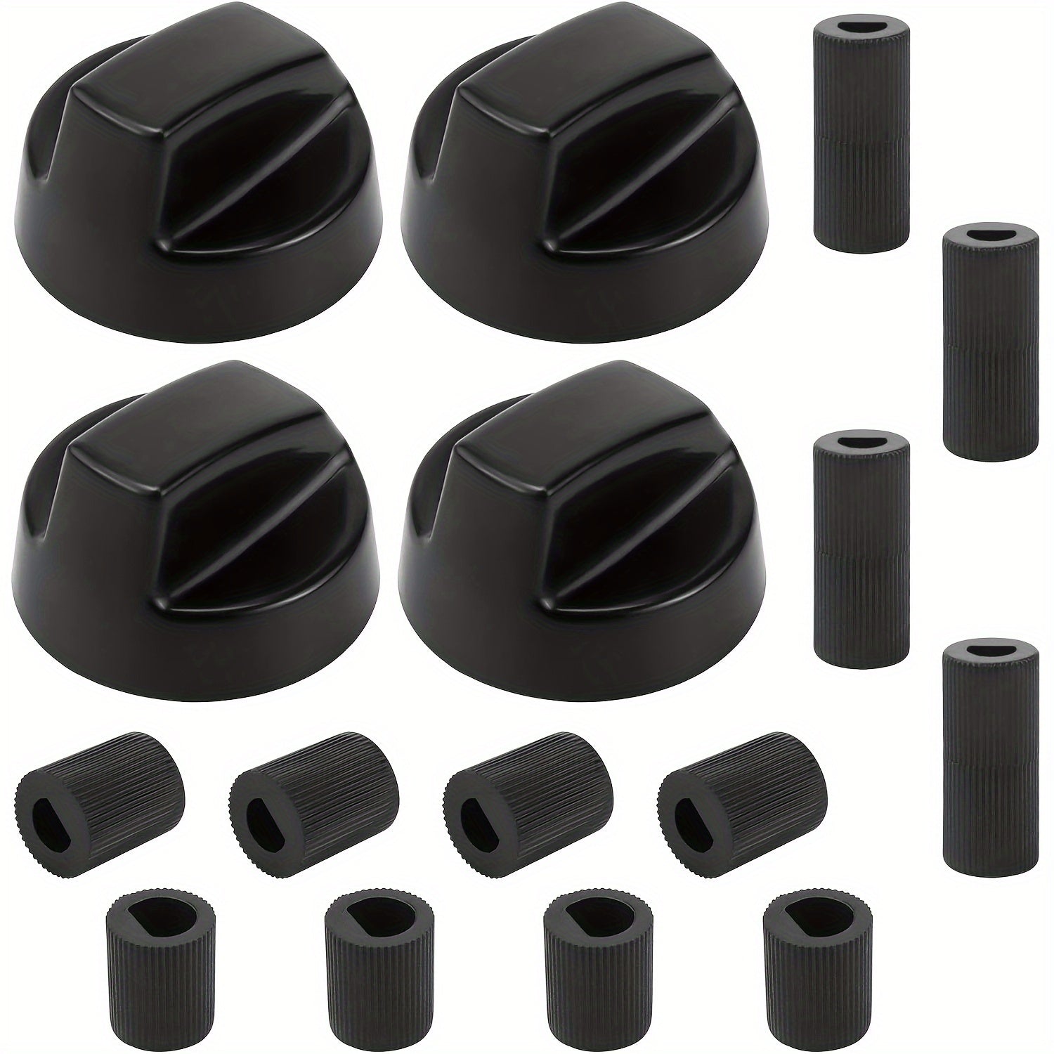 Набор из четырех универсальных черных регуляторов для обновлений 2024 года, совместим с различными плитами, варочными панелями и духовками, подходит для автодомов, кемперов и туристического снаряжения.