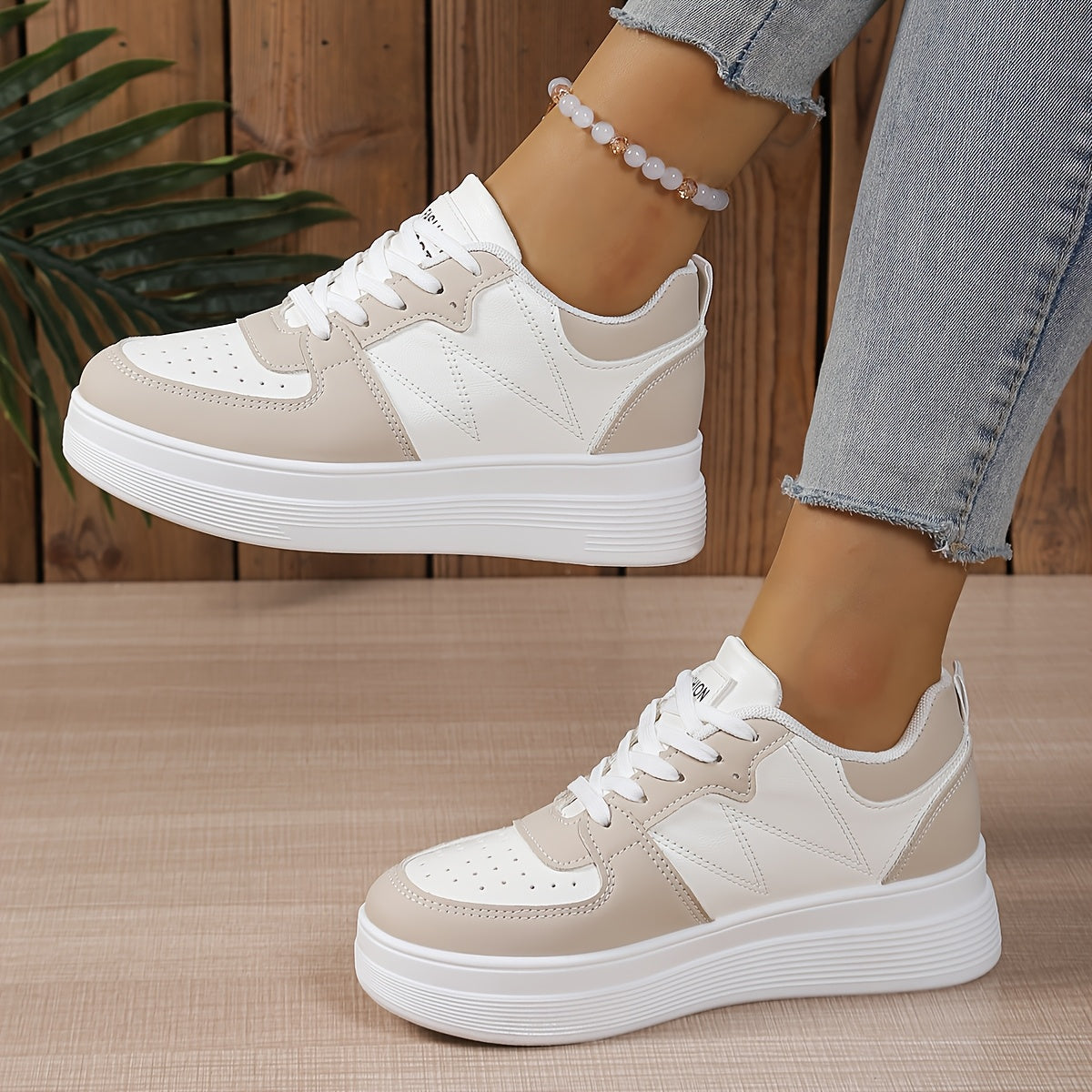 Women's White Low-Top Lace-Up Sneakers Casual Breathable Fabric Rubber Sole