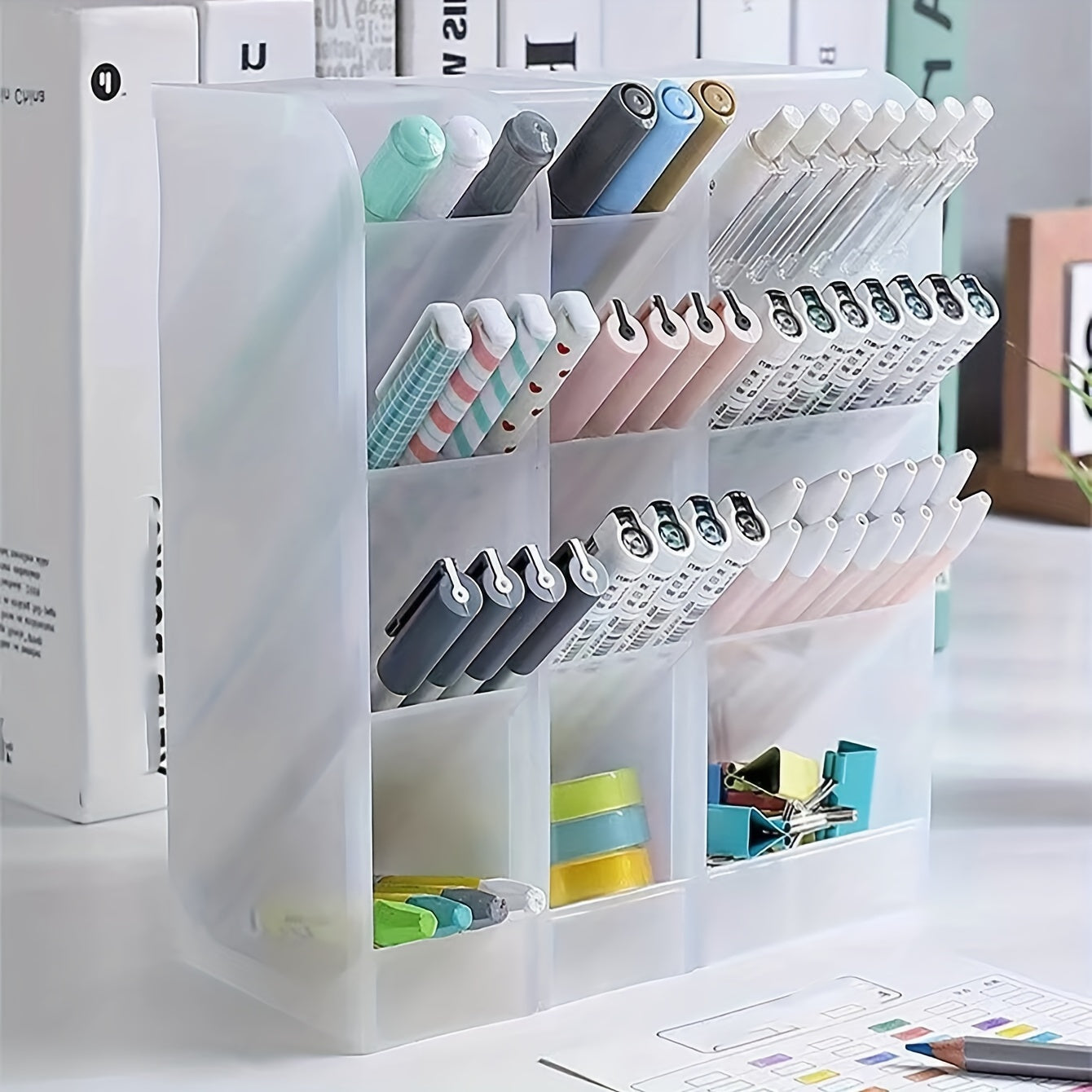 4-Compartment Vertical Desk Organizer with Slant Insert Space-Saving Plastic Storage