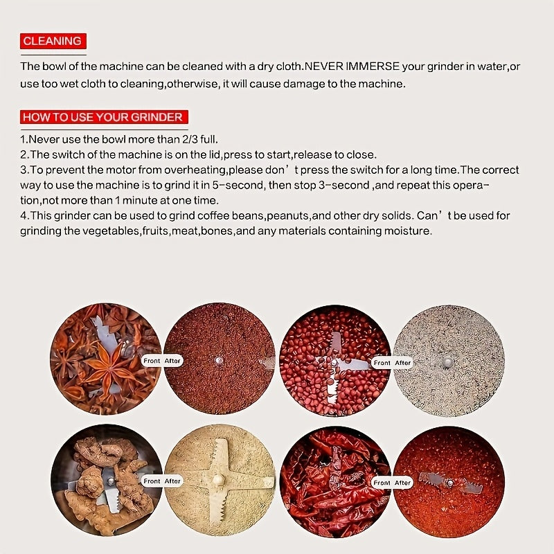 Европейский стандарт 220В нержавеющая сталь электрическая мельница для домашнего помола зерна с усовершенствованными 4 лезвиями, однокнопочным запуском и многофункциональным помолом для зерна и китайской медицины.