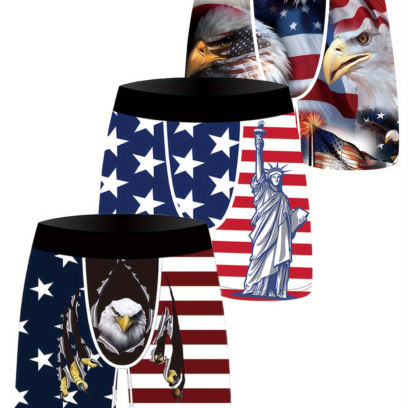 Erkaklar uchun 3 ta to'plam, patriotik multfilm printli boxer shortlar, 95% polyester va 5% elastan aralashmasidan tayyorlangan, biroz cho'ziluvchan to'qima. Har mavsumda kiyish uchun nafas oladigan va engil. Ideal uchun