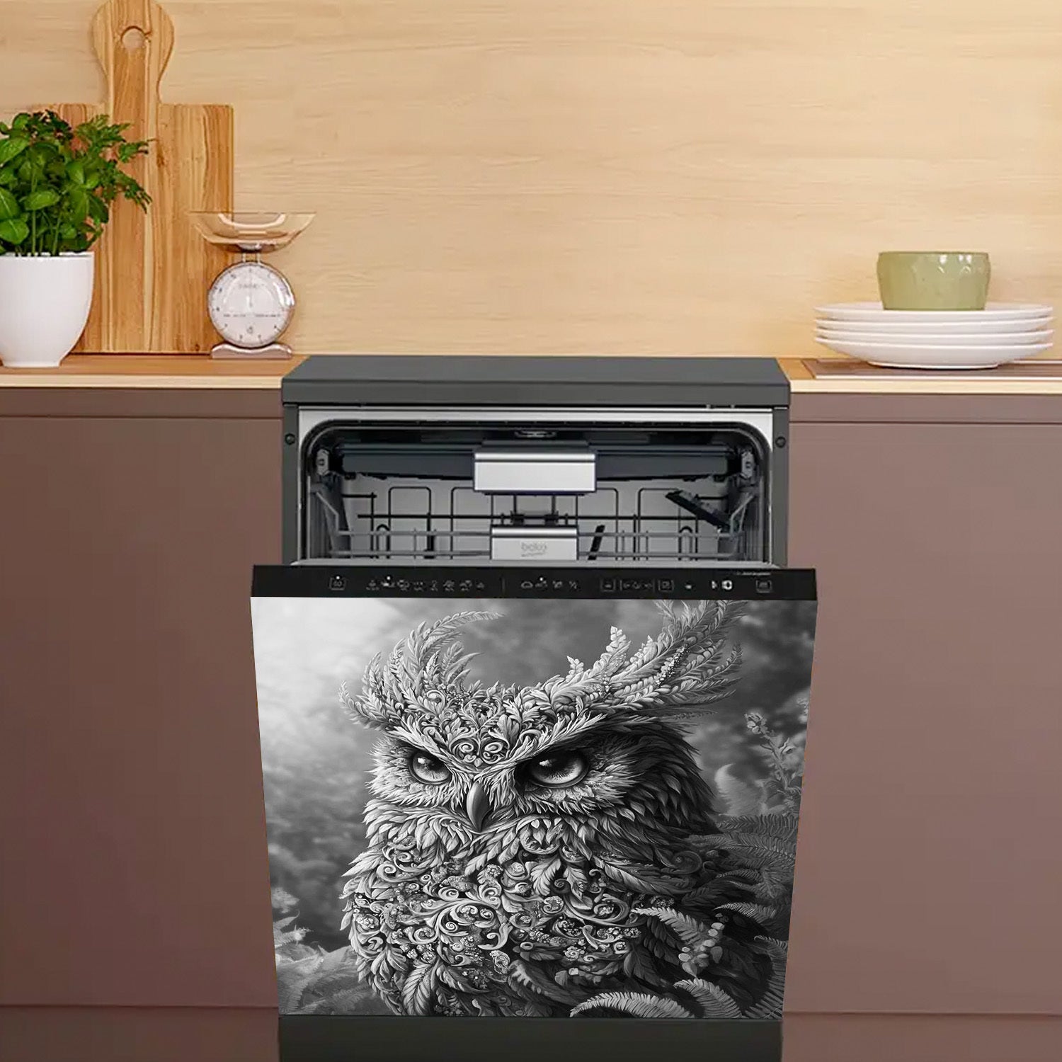 Owl idish-tovoq magnit qopqog'i metall paneli suv o'tkazmaydigan gull dizayni