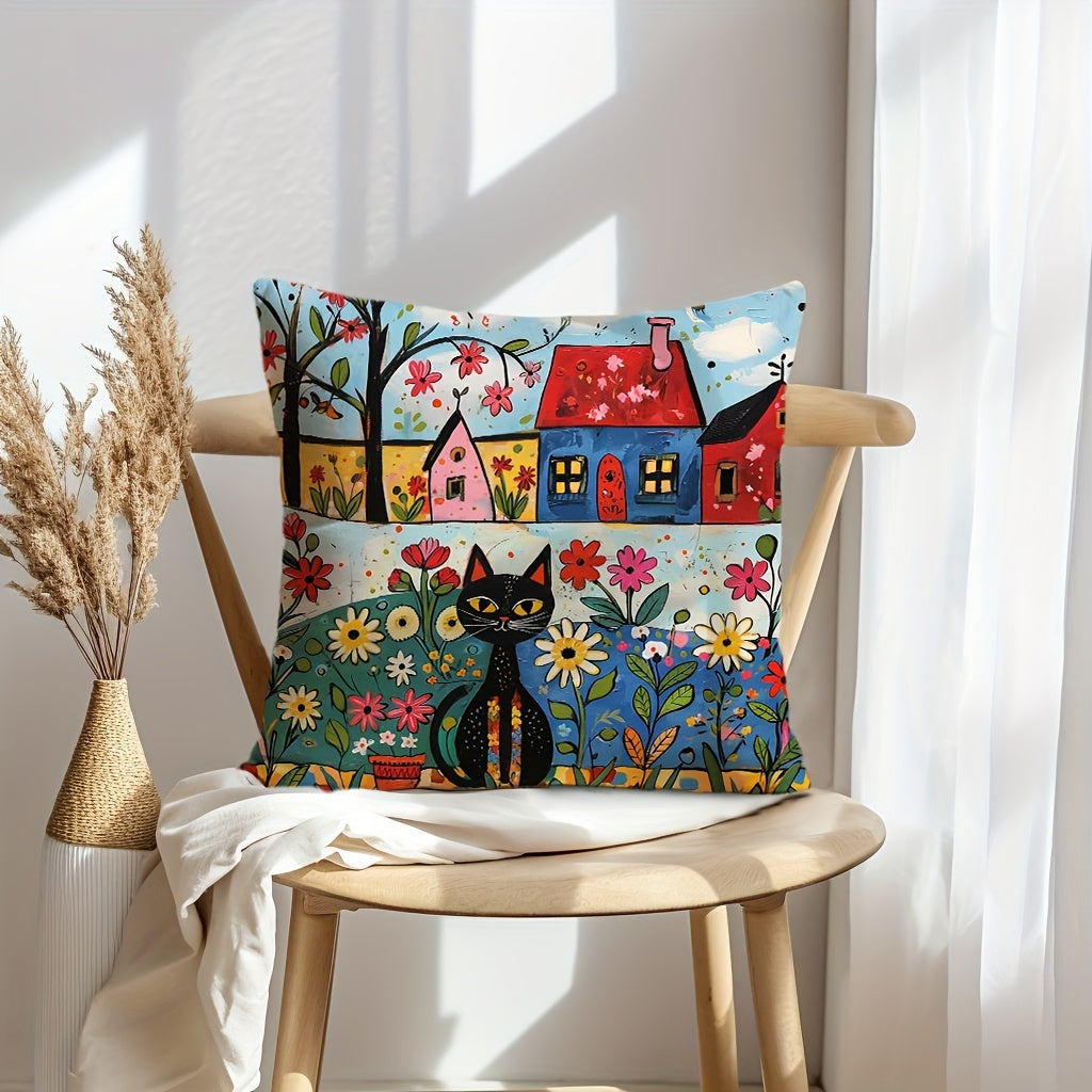 Black Cat Throw Pillow Cover Sun and Flowers Design 29.97x50.04cm or 44.96cm Square Farmhouse Decor