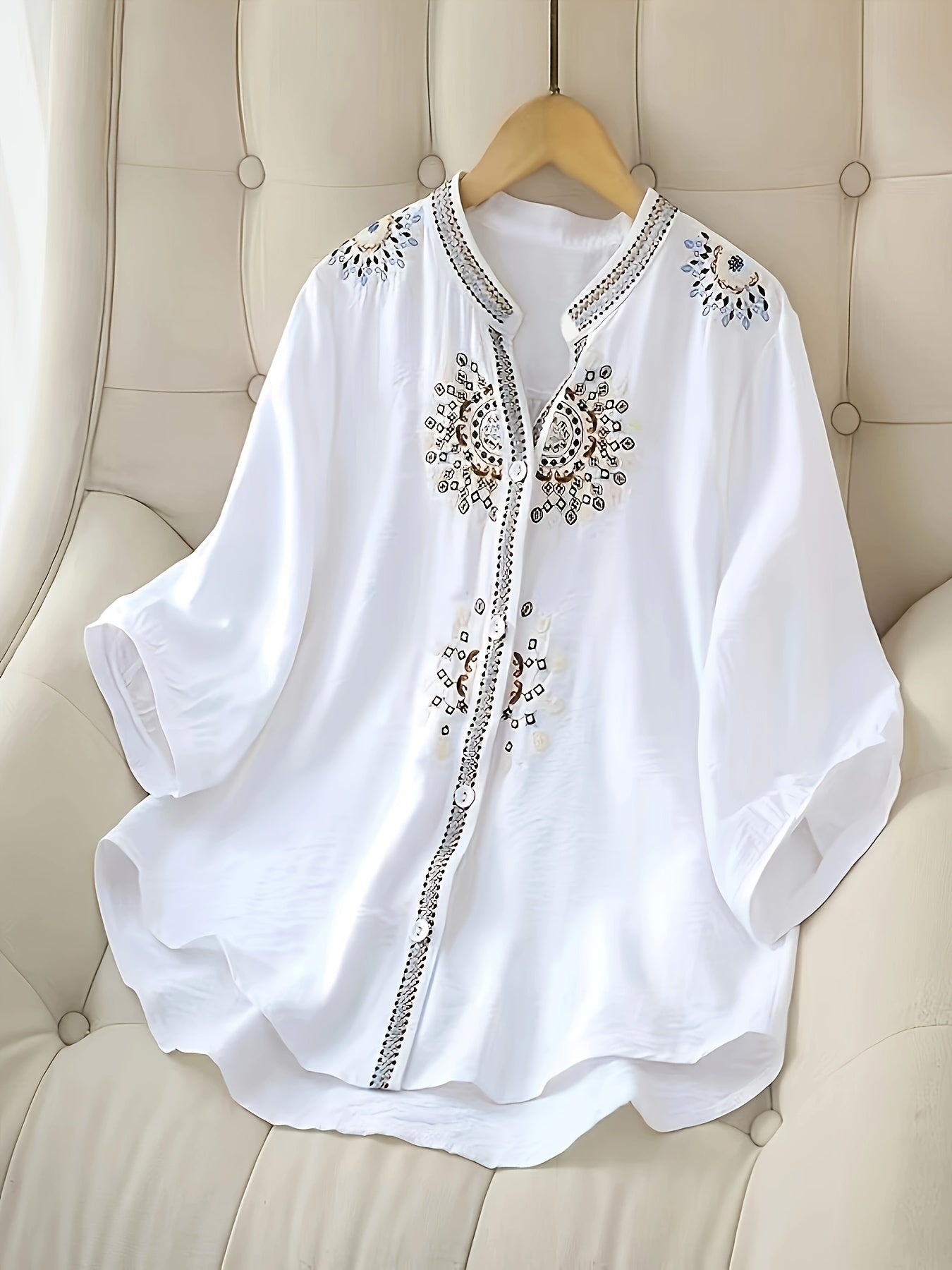 Women's Embroidered Short Sleeve Blouse Breathable Polyester Semi-Sheer Stand Collar