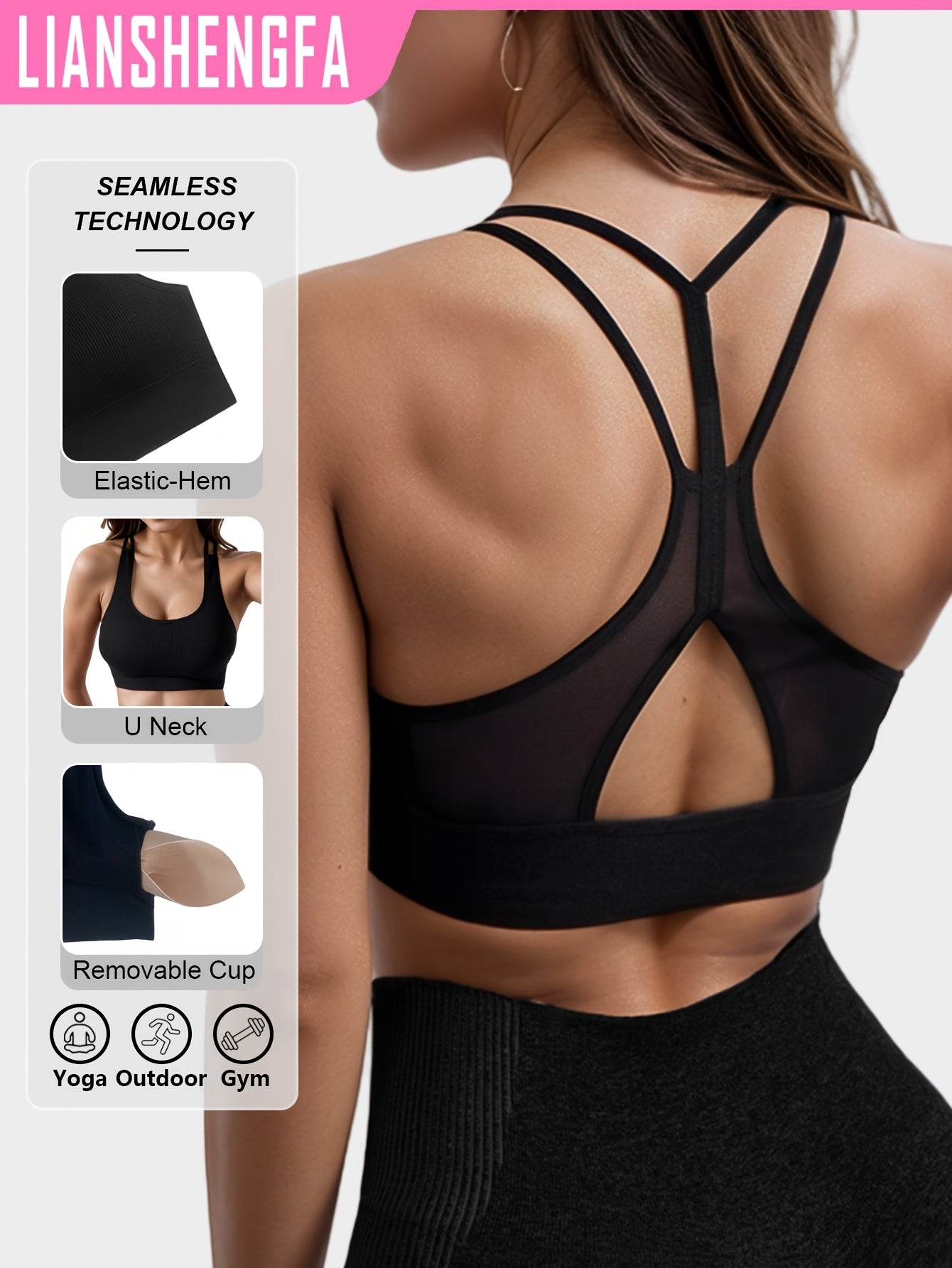High-Elastic Sports Bra Seamless Yoga Tank Top Breathable Mesh Double Shoulder