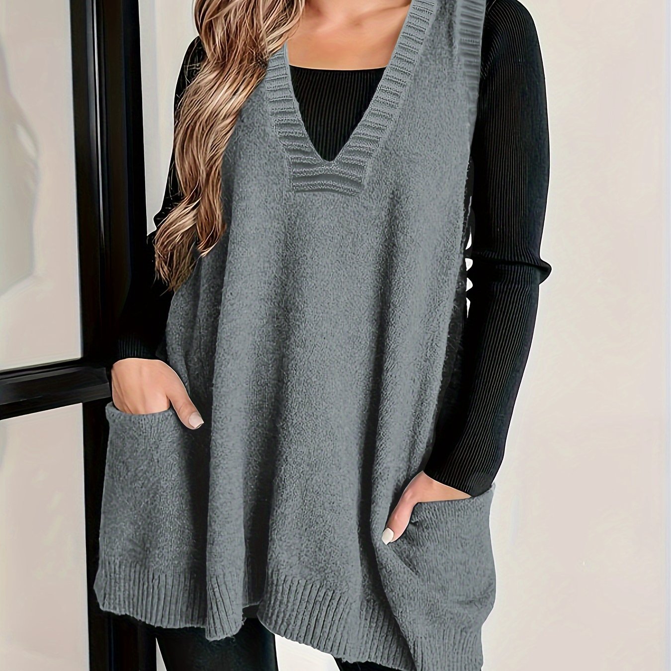 Plus Size Women Knit Sweater Vest Casual V Neck Sleeveless Fall Winter