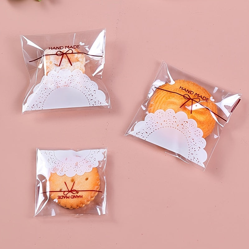 Lace Bow Print Treat Bags Set of 100 Food-Safe Plastic for Cookies and Snacks