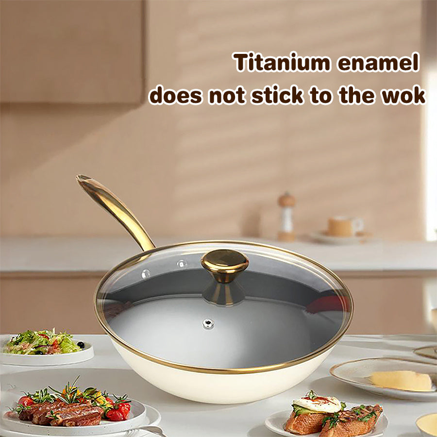 Flat-Bottomed Wok with Golden Handle for Chinese Cooking on Electric and Gas Stoves Dishwasher Safe Kitchen Cookware