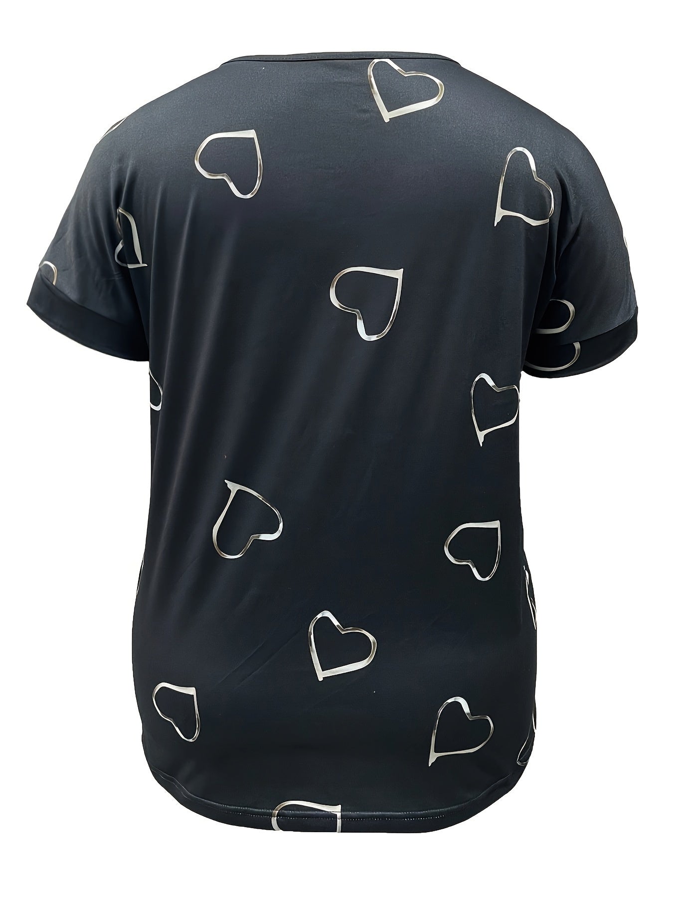 Women's Summer V-Neck T-Shirt with Red Heart Print Short Sleeve Breathable Polyester Blend