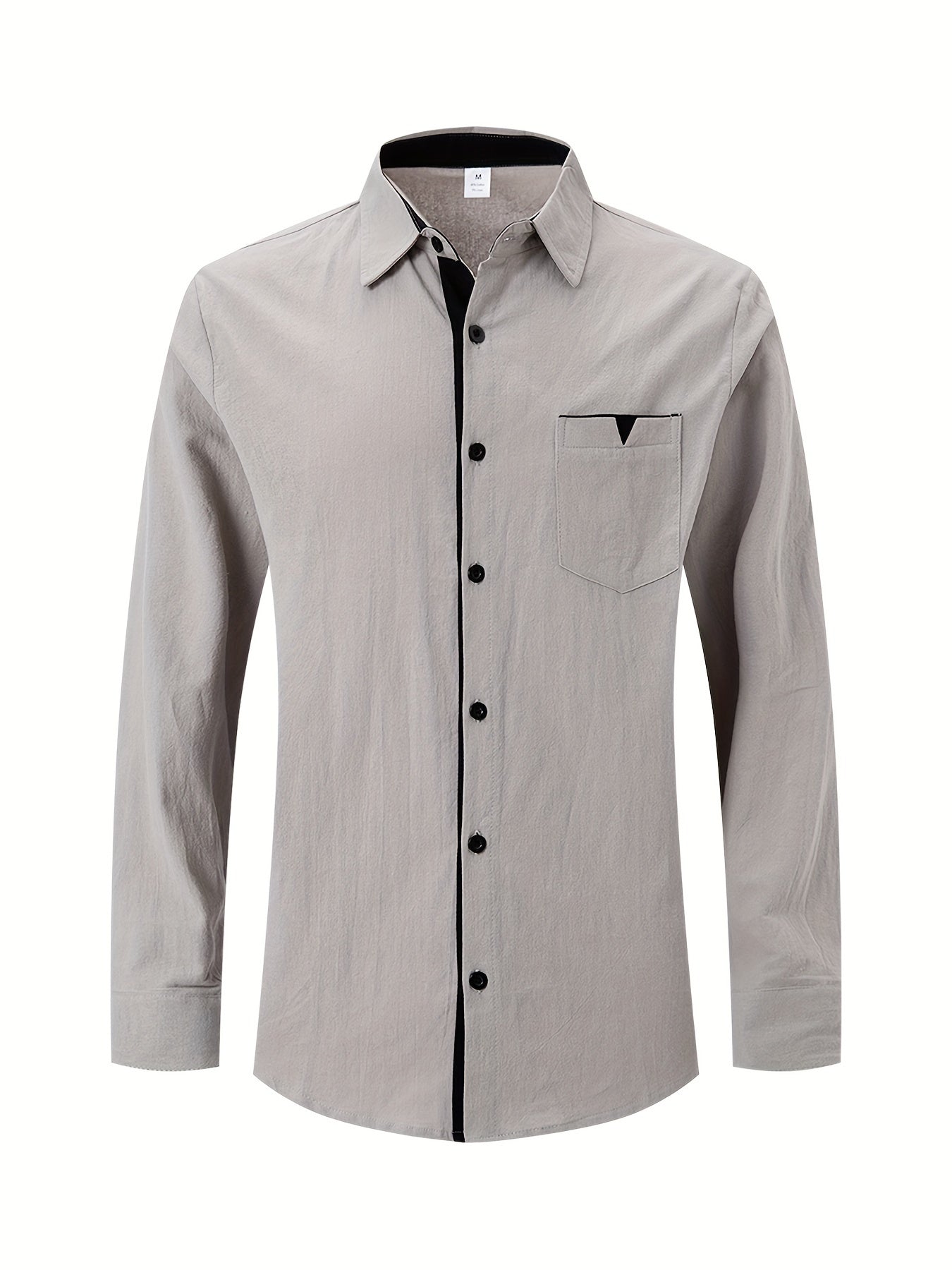 Men's Cotton Linen Patchwork Dress Shirt with Lapel Collar for Formal Events