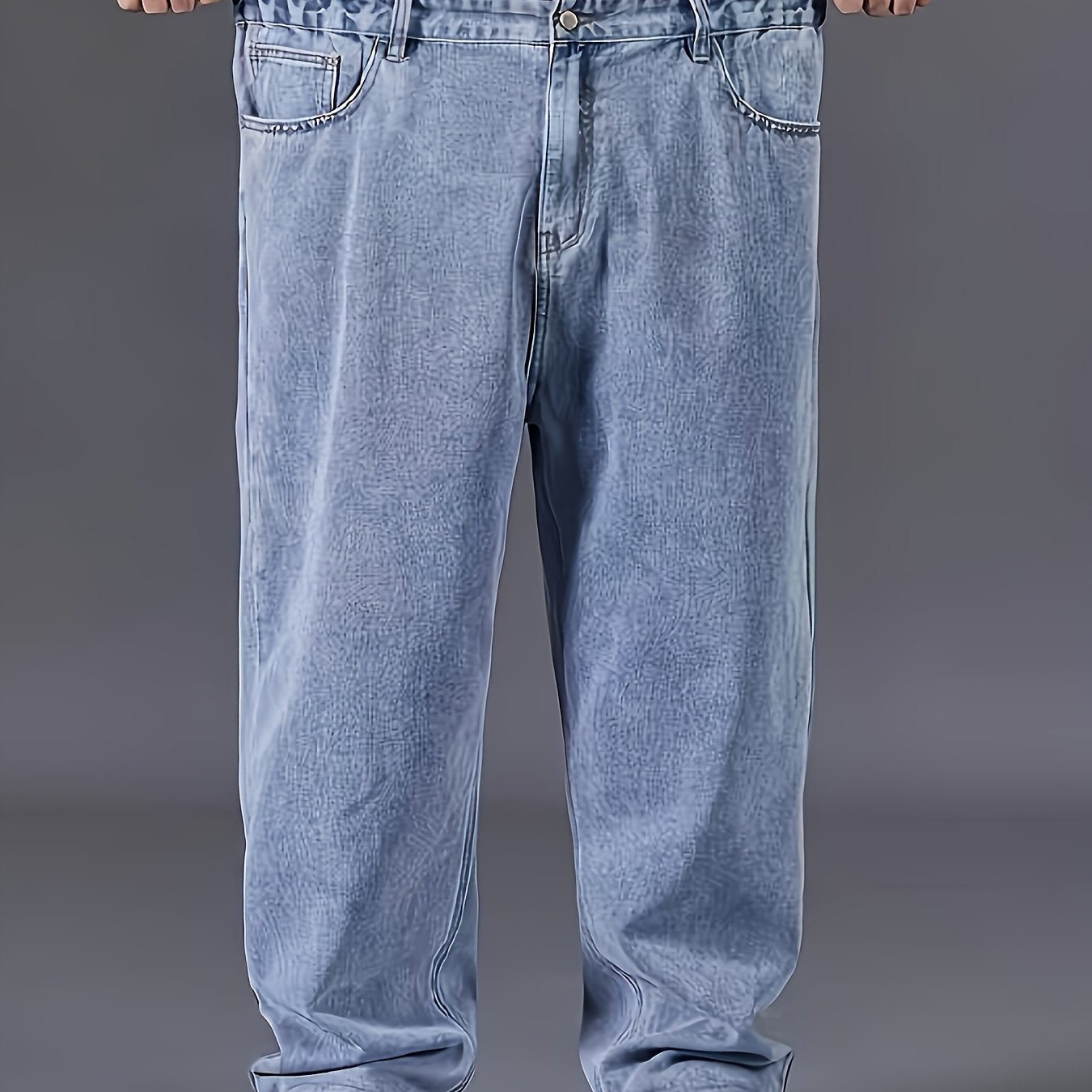 Erkaklar uchun plussiz denim jinsi shimlar, ozgina cho'ziladigan paxta aralashmasi, keng to'g'ri oyoq dizayni, yil davomida kiyish uchun yuvilgan bir xil rang.