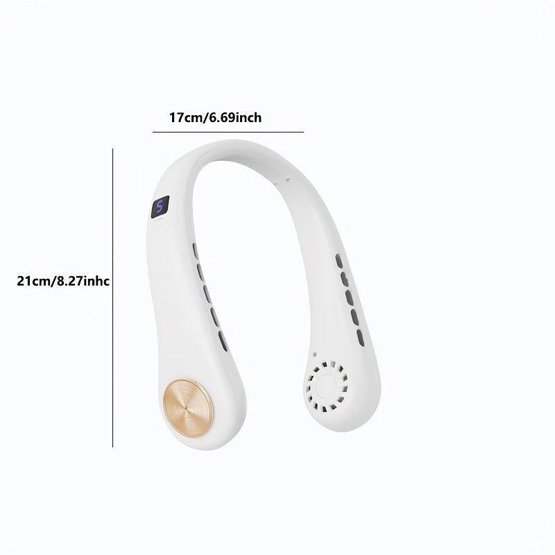 Ventilador de cuello portátil con pantalla digital, 5 velocidades, correa ajustable, recargable por USB