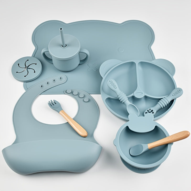 Silicone Baby Feeding Set 10 Pieces for Ages 0-3 Non-Slip Plate Bowl Bib Straw Cup Spoon Fork