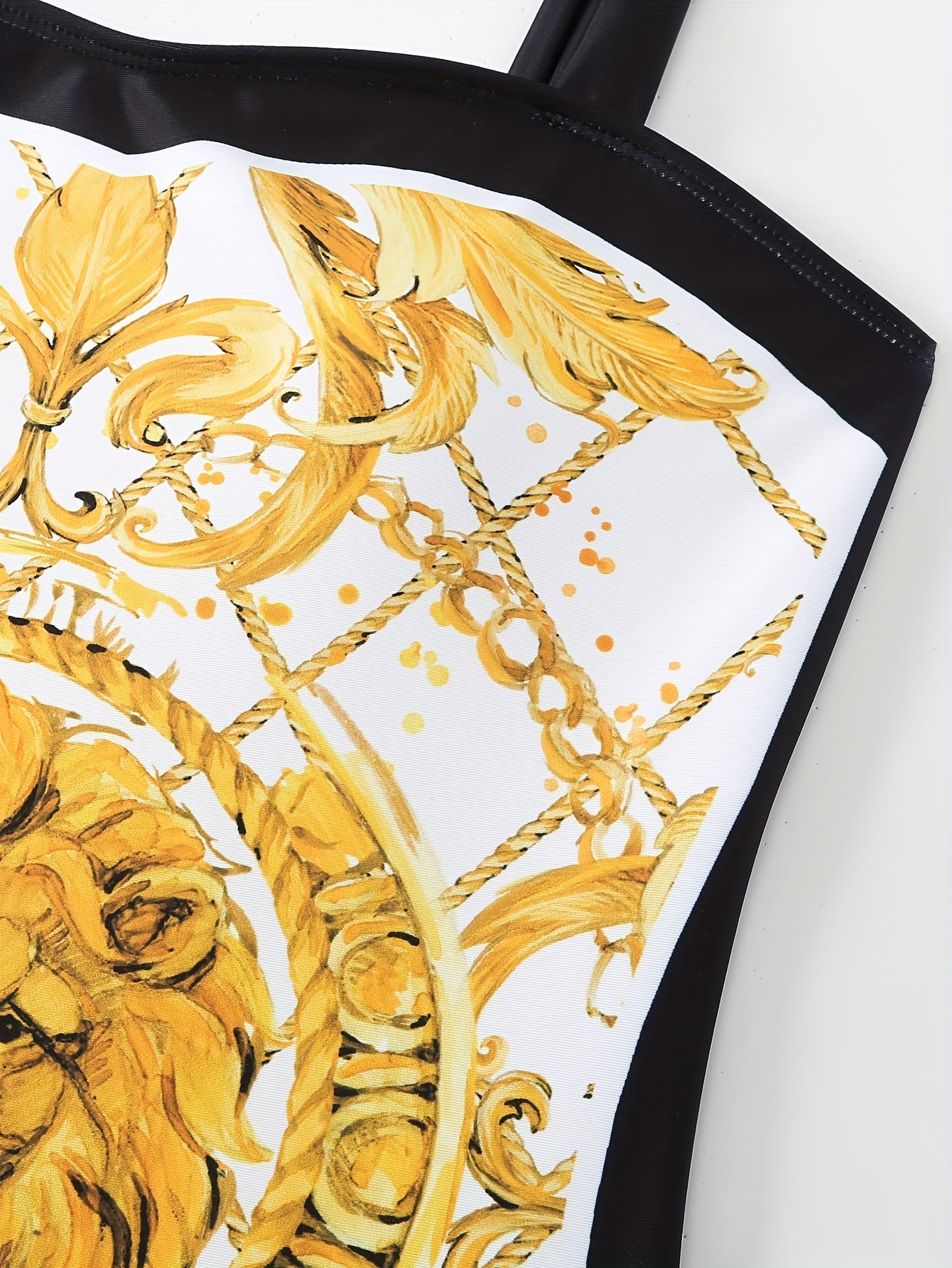 Golden Tone Lion Print Two-Piece Swimsuit with Bowknot Shoulder and Mesh Cover Up