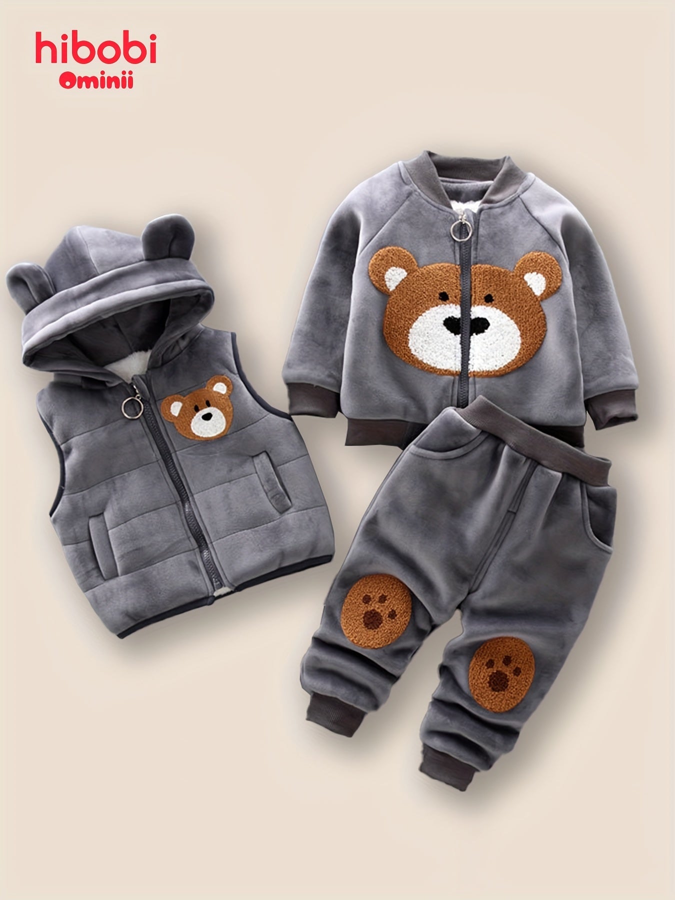 Toddler Boy Outfit Set 3 Piece Hoodie Jacket Pants Solid Color Fall Winter Polyester