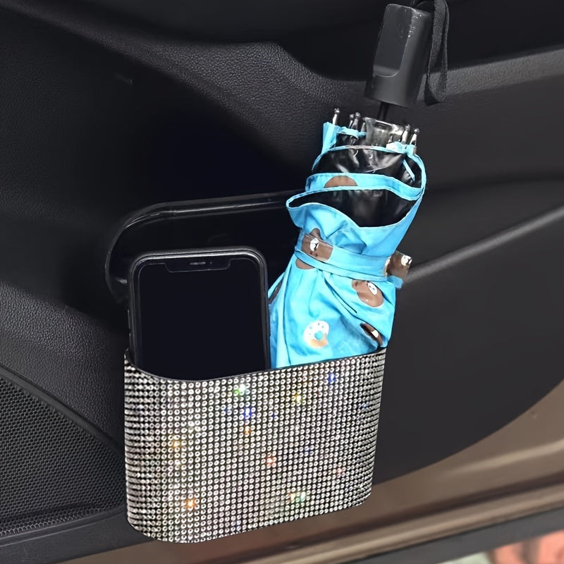 Car Interior Hanging Trash Can with Artificial Rhinestone Inlay Multi-Functional Storage