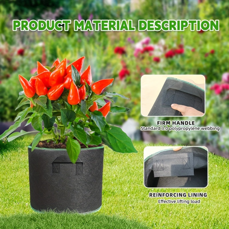 Turli o'lchamlarda mavjud bo'lgan mustahkam o'simlik yetishtirish sumkalari, turli xil gullar, sabzavotlar va boshqalar uchun ekish uchun bezakli chetlar bilan.