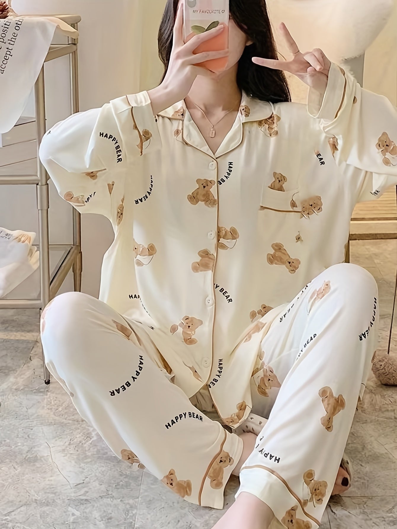 Women's Cartoon Bear Print Pajama Set Long Sleeve Blouse and Elastic Waist Pants