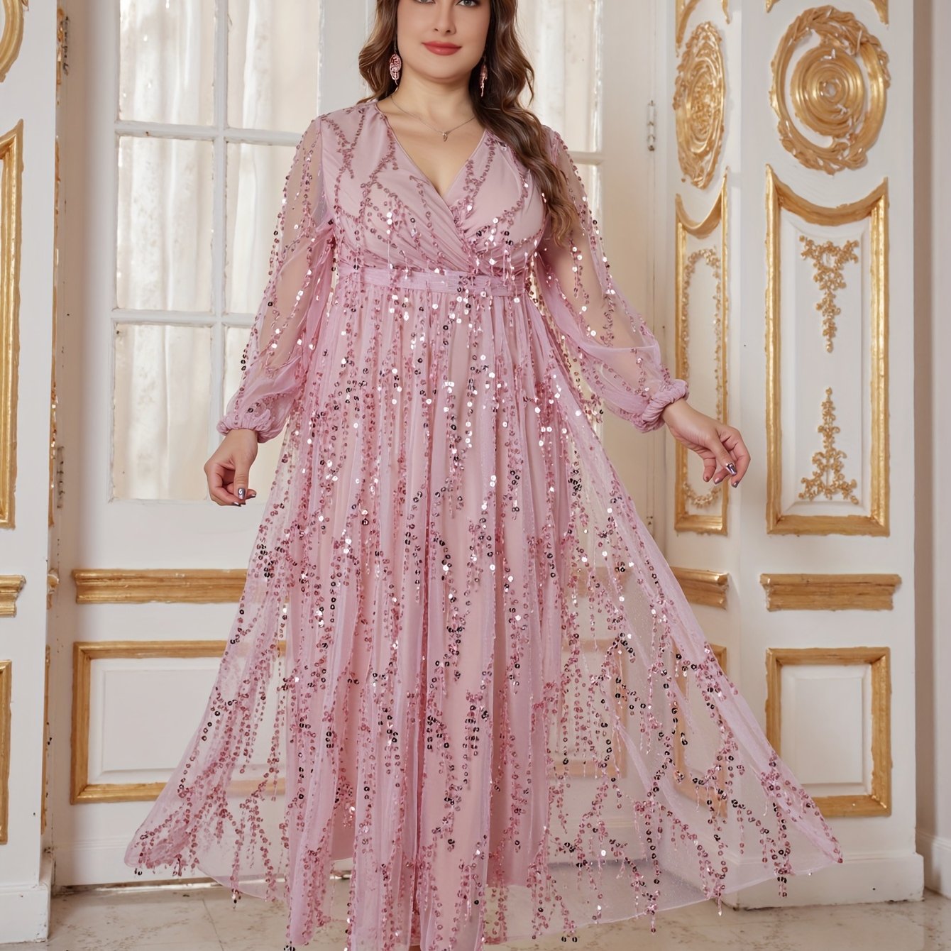 Plus Size Women's Black V-Neck Sequin Fringe Formal Gown for Prom Bridesmaids