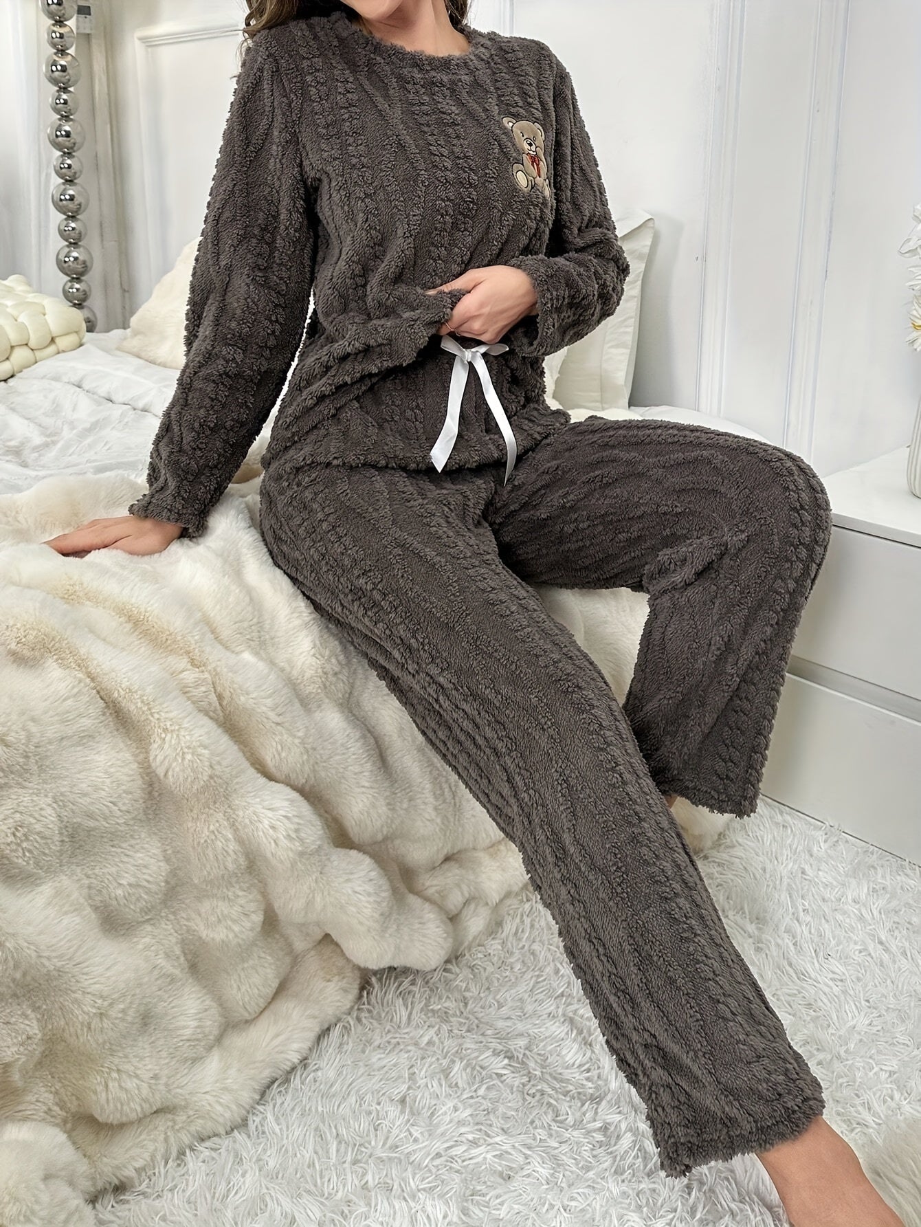 Women's Velvet Pajama Set with Bear Embroidery for Winter, Long Sleeve and Pants