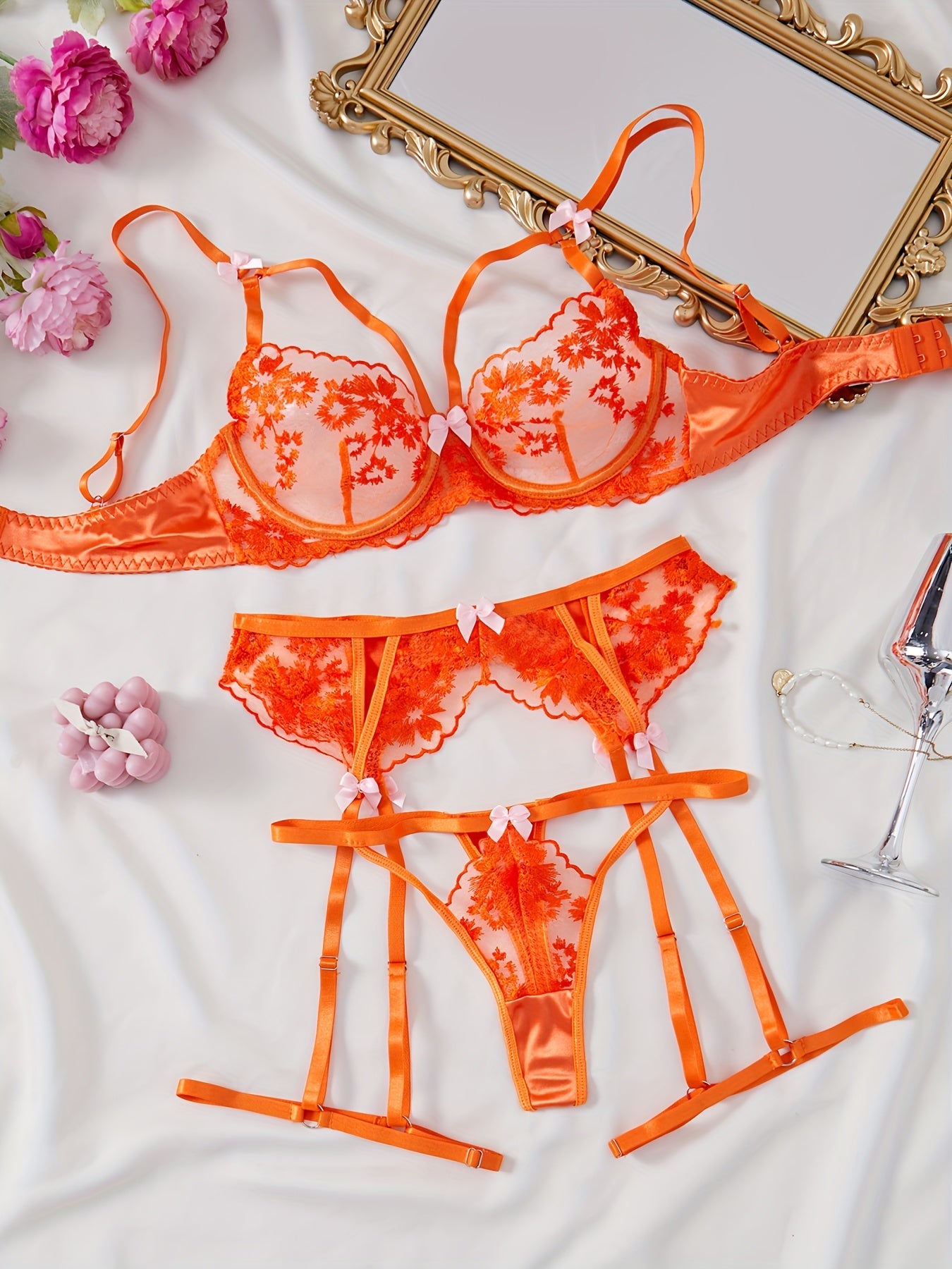 Women’s Mesh Embroidered Lingerie Set with Strappy Half Cup Bra Thong and Garter Belt