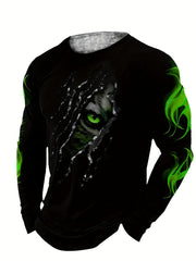 Men's Long Sleeve Crew Neck T-Shirt with Green Eye Flame Pattern Polyester Knit Slim Fit