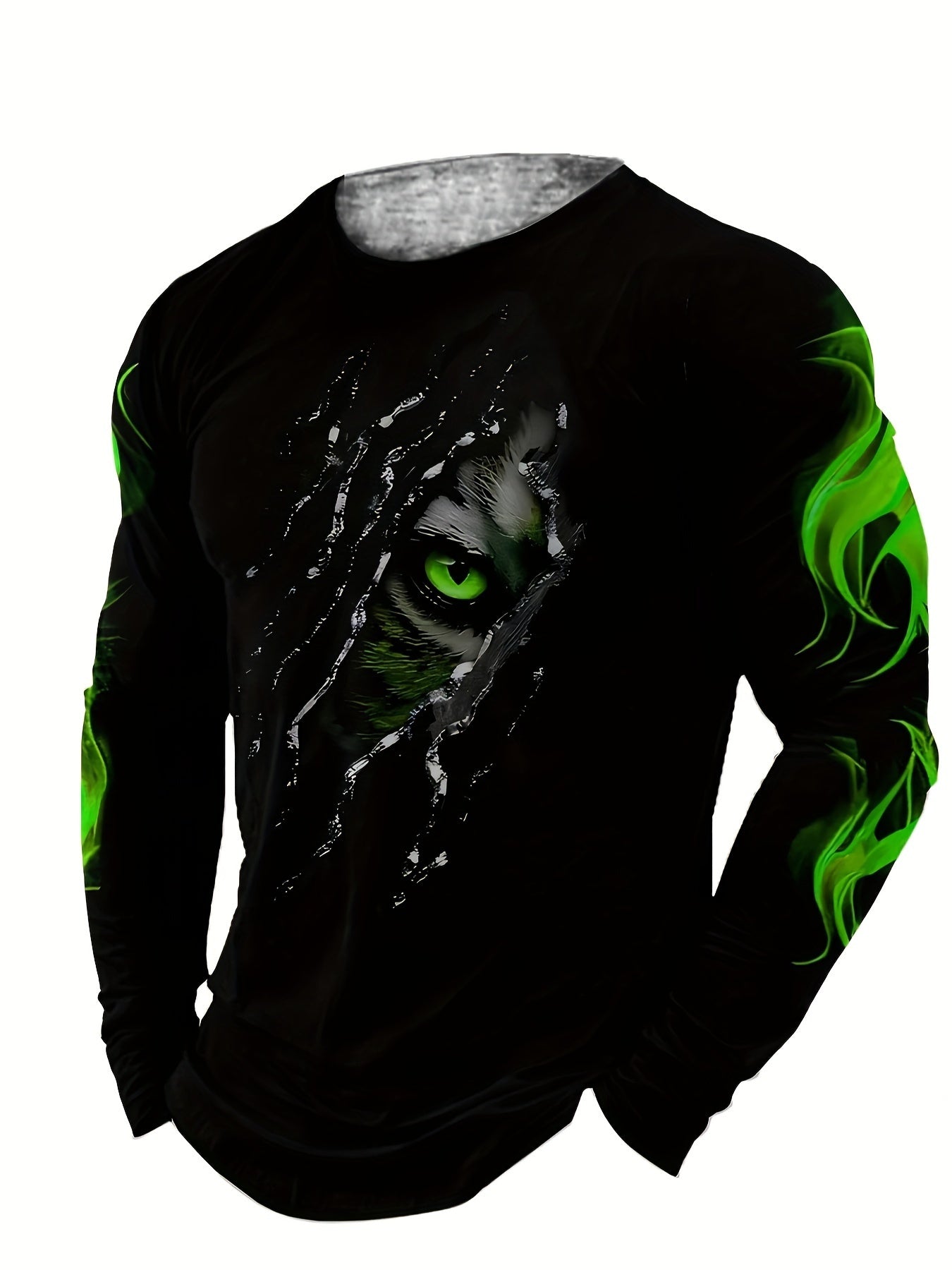 Men's Long Sleeve Crew Neck T-Shirt with Green Eye Flame Pattern Polyester Knit Slim Fit