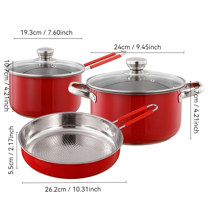Set of 5 Stainless Steel Red Pots and Pans Kitchen Cookware Set with Milk Pan Frying Pan Soup Pan