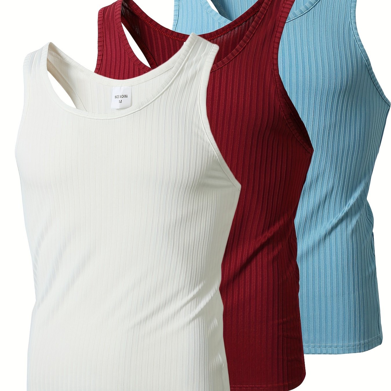 Men's Knitted Vertical Stripe Tank Top Set of 3 Polyester Sleeveless Sports Casual