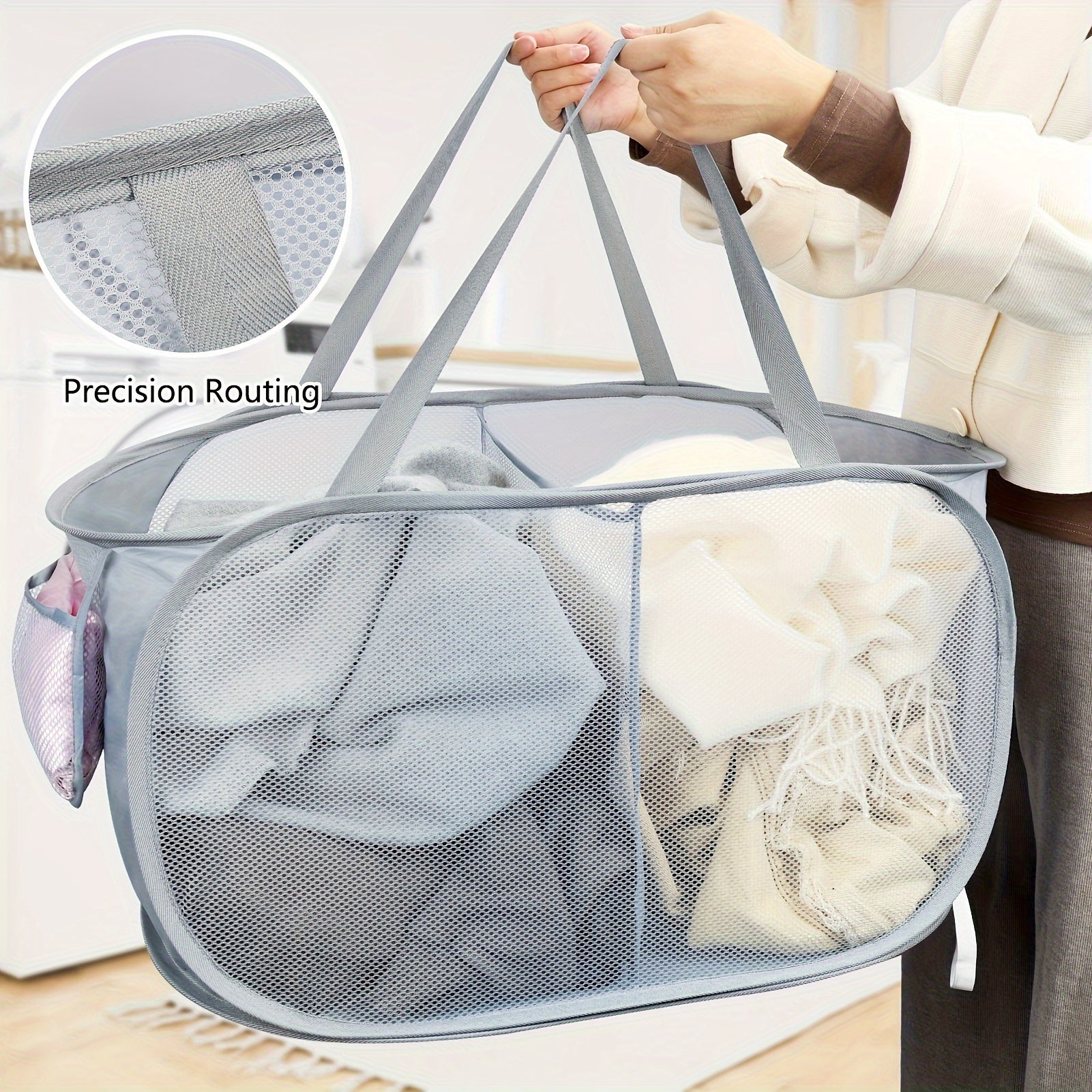 Lightweight Foldable Laundry Hamper with Mesh Design and Side Pocket