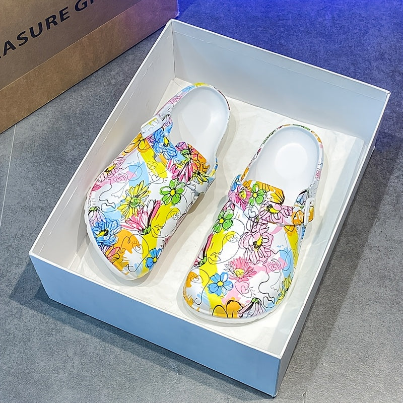 Women’s Summer Tie-Dye Clogs With Floral Design And Thick EVA Soles