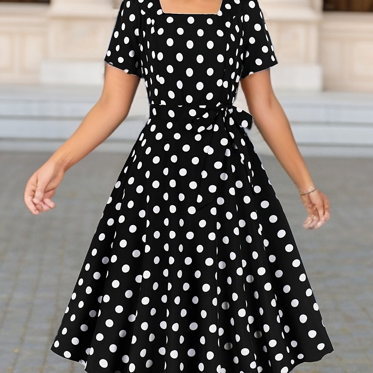 Polka Dot Print Square Neck Dress with Short Sleeves Belt for Women Spring Summer