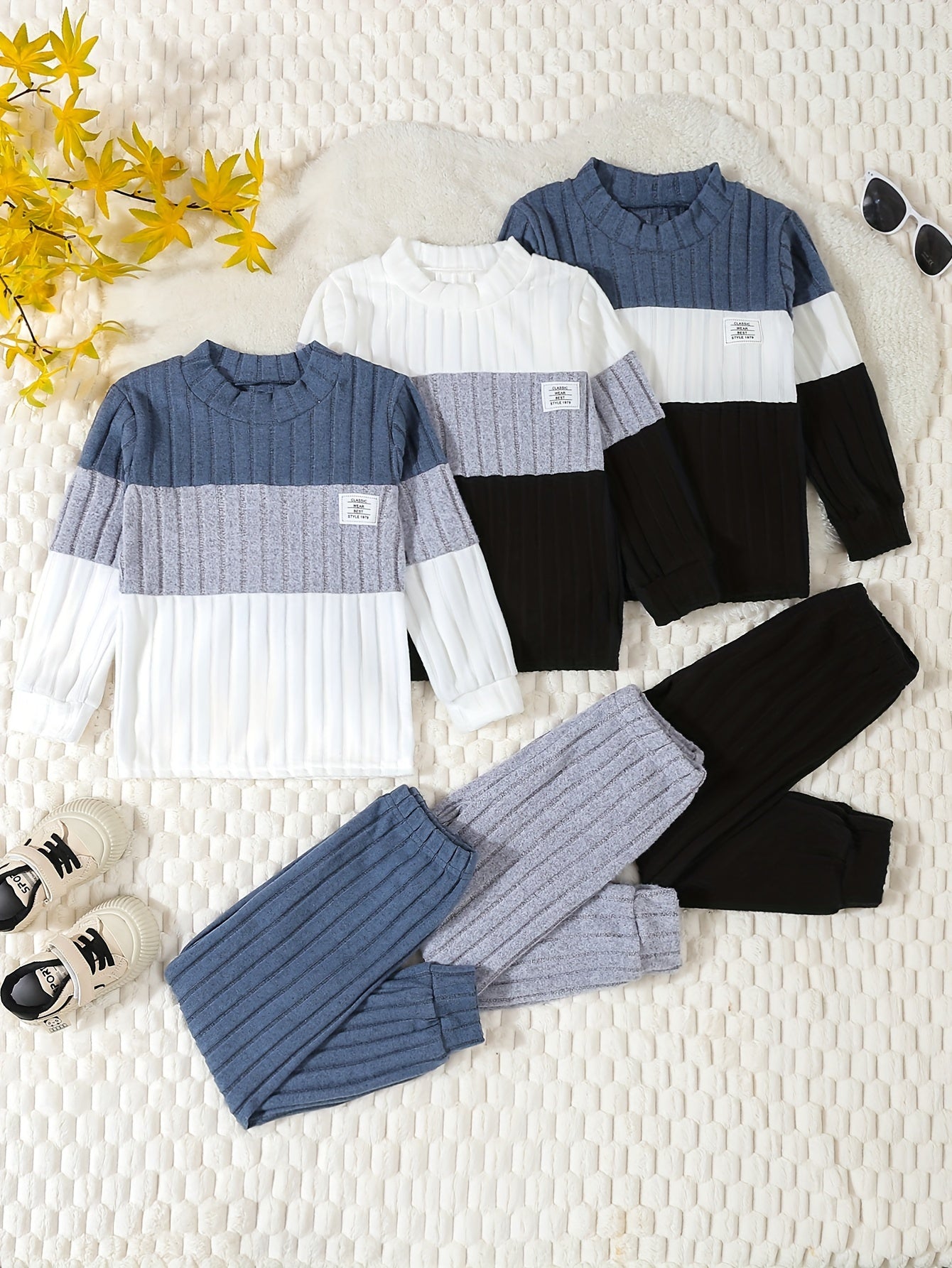 Kids Boys 3-Piece Color Block Ribbed Knit Outfit Long Sleeve Tops Casual Pants Fall Winter